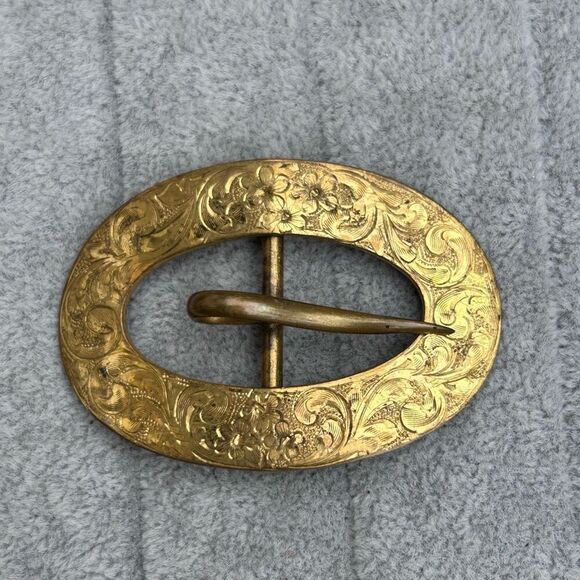 Vintage RLM Robert Lee Morris Brass Belt Buckle Mens 2 3/8” Floral Etched Signed - Picture 2 of 10